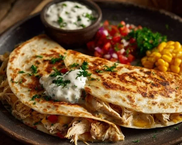 High-protein chicken ranch quesadilla with cheese and fresh ingredients