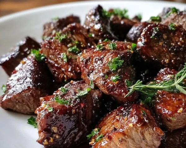 High-protein garlic balsamic steak bites served on a plate