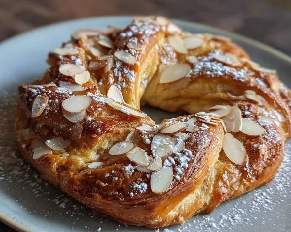 Homemade almond kringle with almond filling and pastry crust