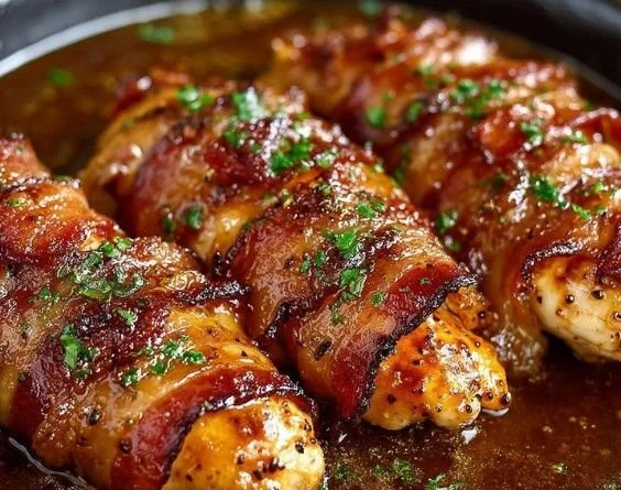 Homemade bacon brown sugar chicken tenders on a plate with dipping sauce