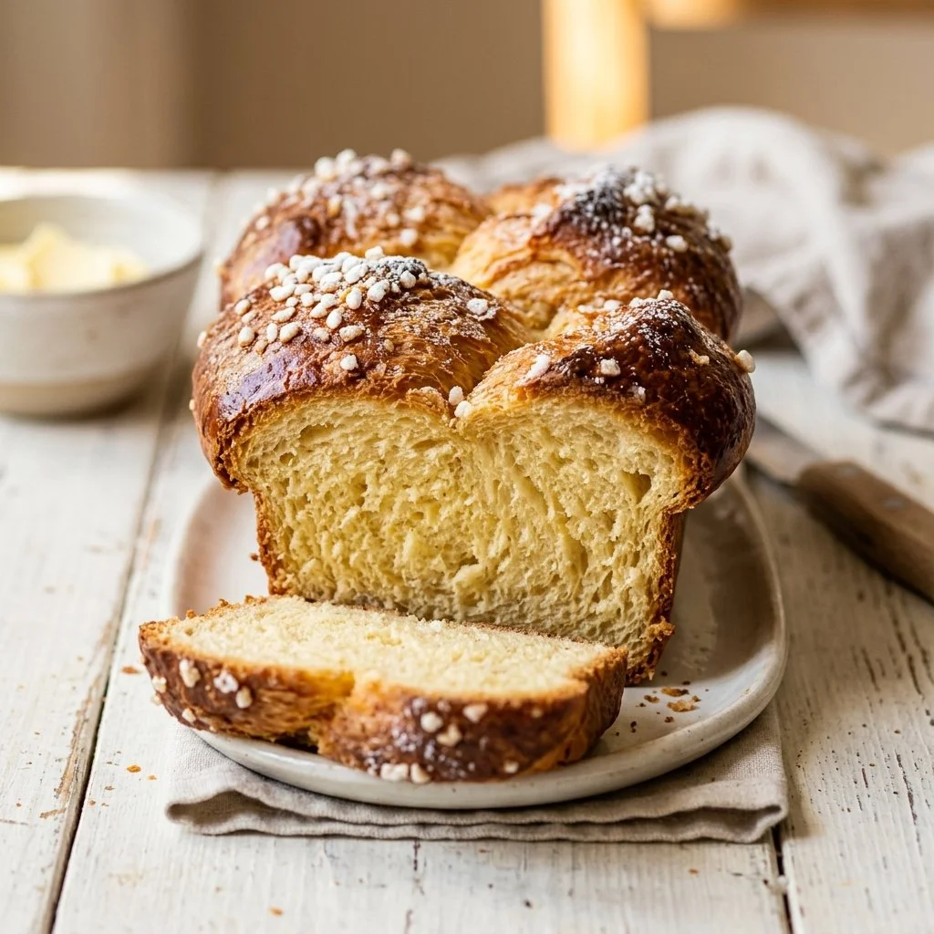 Freshly baked homemade brioche loaf on a wooden cutting board