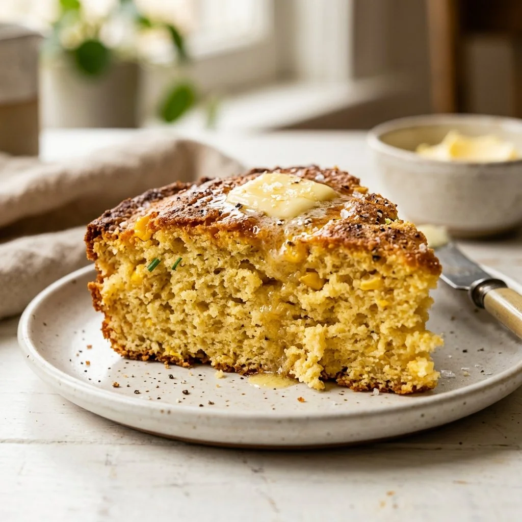Homemade cornbread served in a rustic dish, showcasing its golden texture.