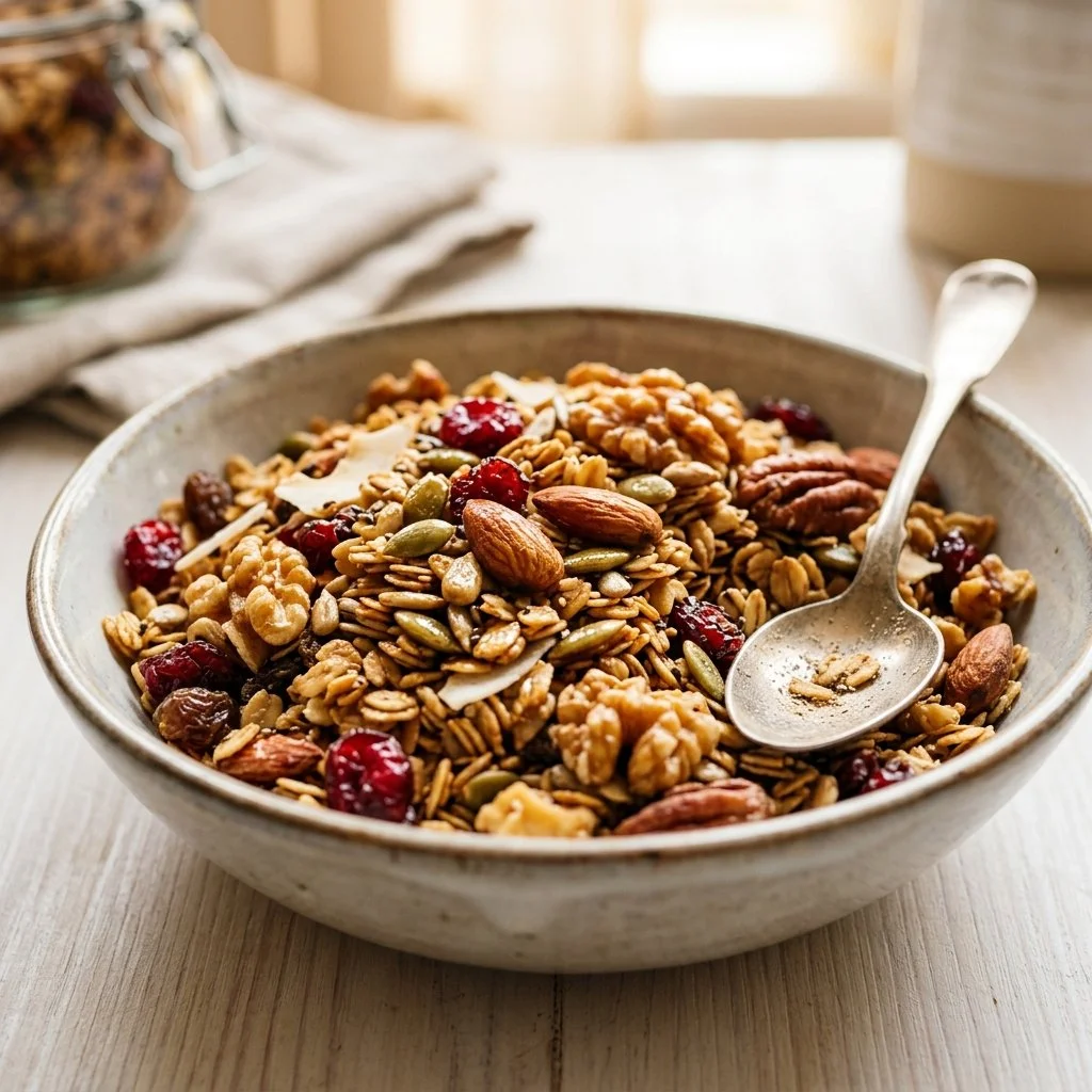 Bowl of homemade granola with nuts and fruits, a healthy breakfast option.