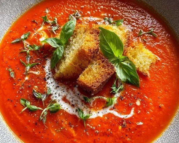 Bowl of homemade tomato soup garnished with basil and served with crusty bread