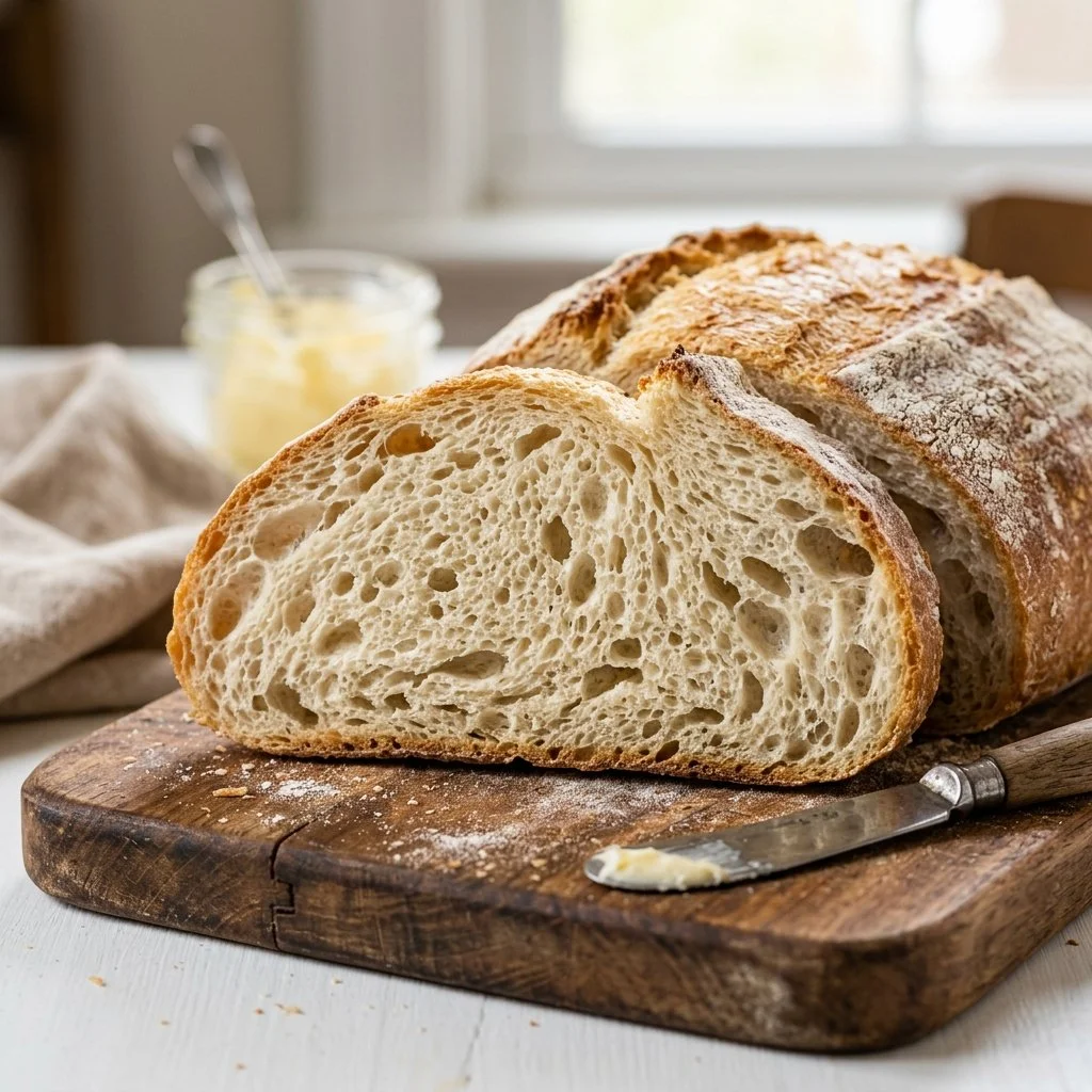 Slice of homemade white bread resting on a wooden cutting board