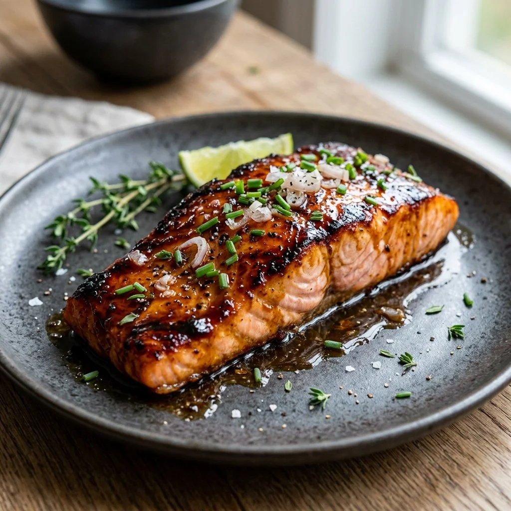 Plate of honey balsamic glazed salmon with herbs and vegetables