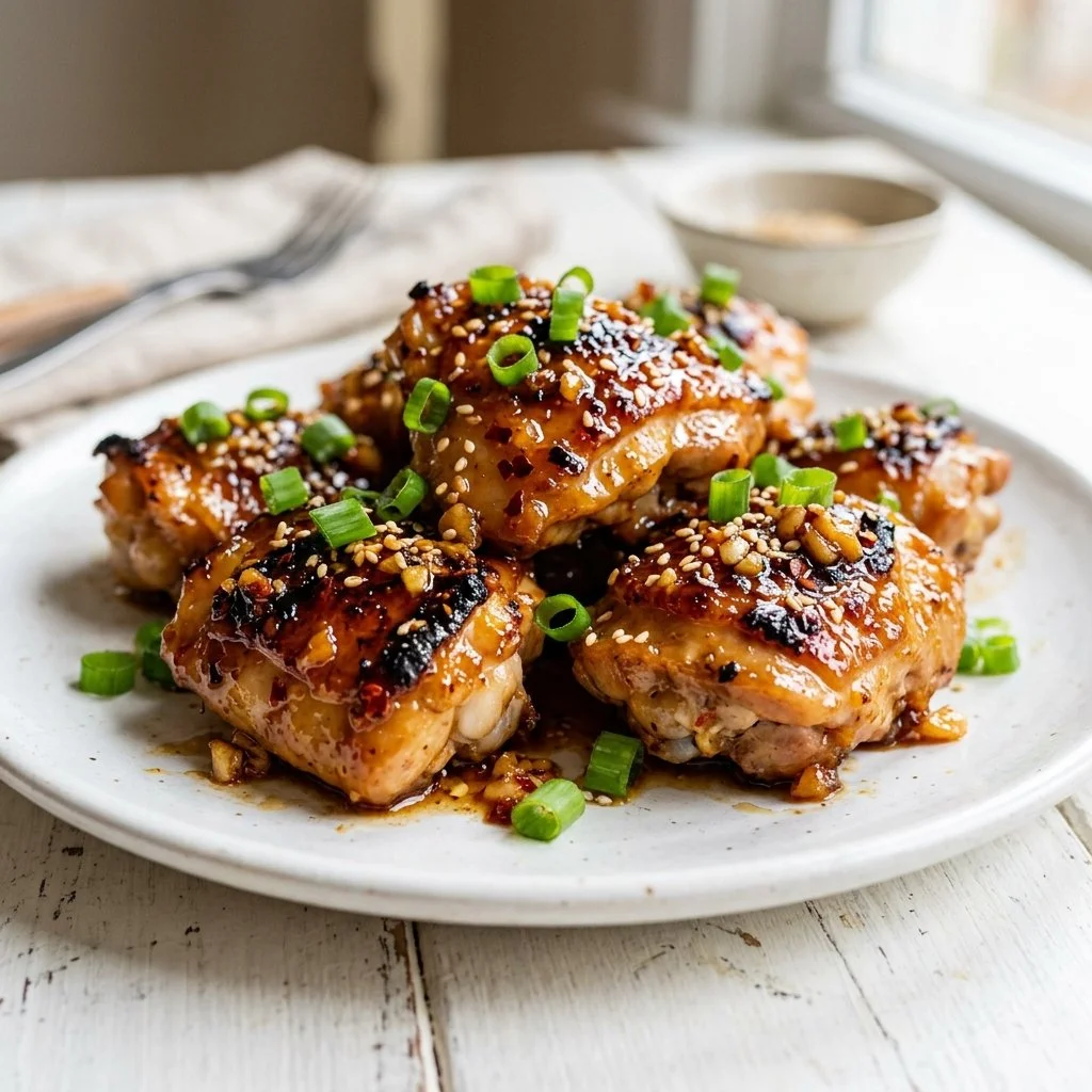 Honey garlic chicken served with vegetables on a white plate
