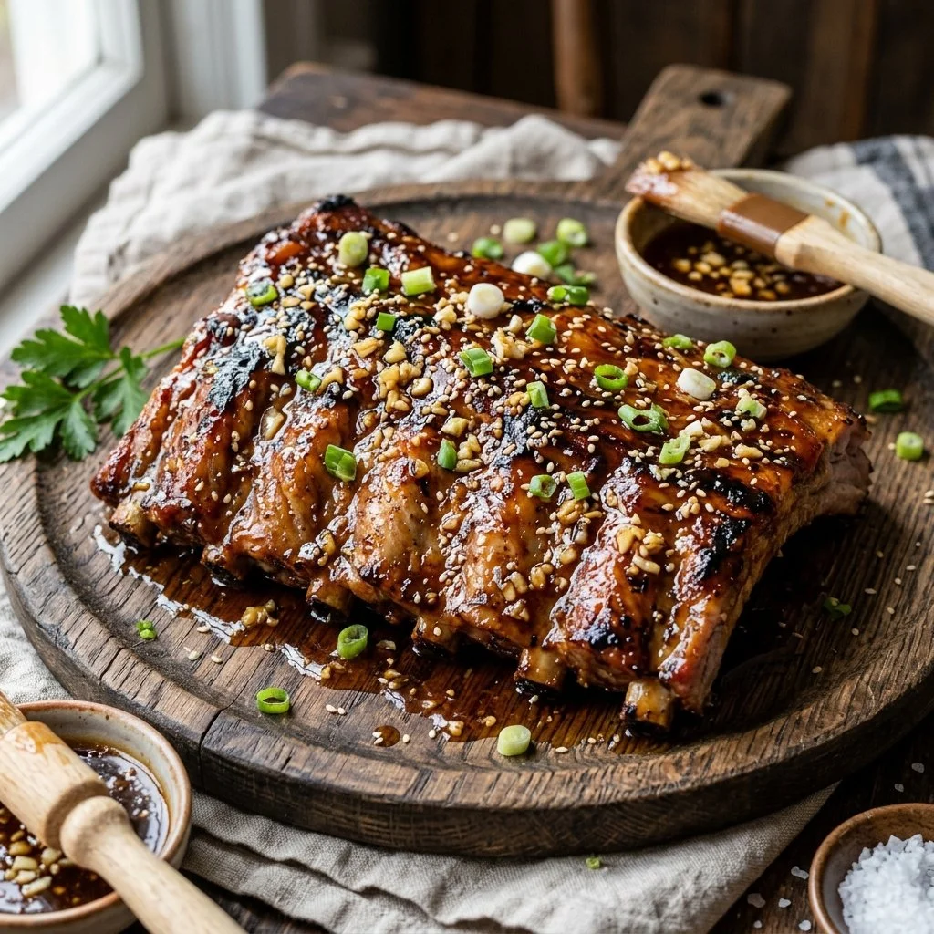 Delicious honey garlic glazed ribs served on a platter with fresh herbs