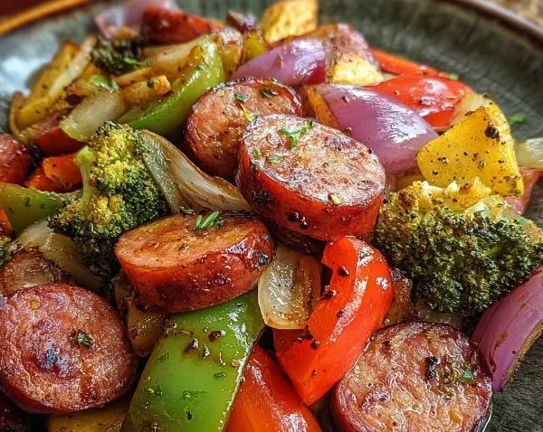 Delicious Honey Garlic Kielbasa served with colorful veggies