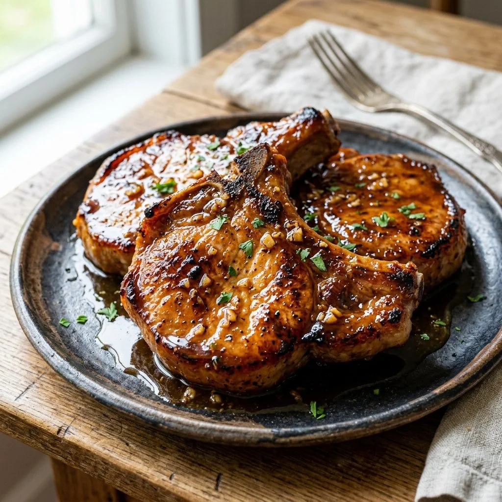 Honey garlic pork chops served with sides