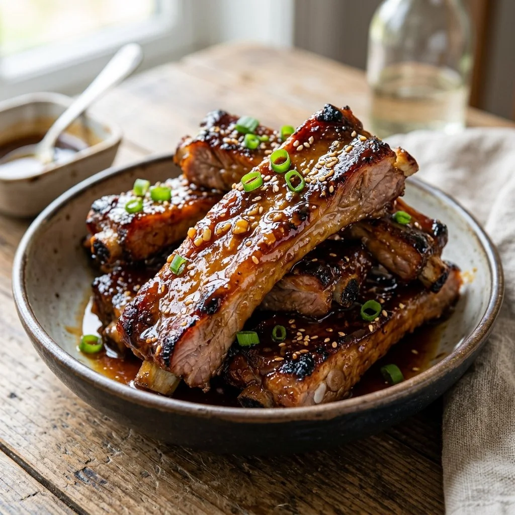 Delicious Honey Garlic Ribs glazed with sweet honey and garlic sauce.