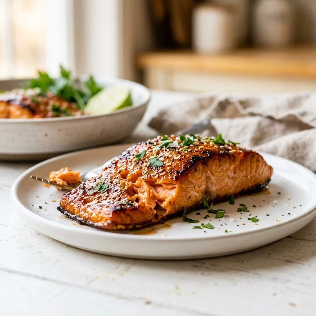 Deliciously glazed Honey Garlic Salmon fillet on a plate with fresh herbs.