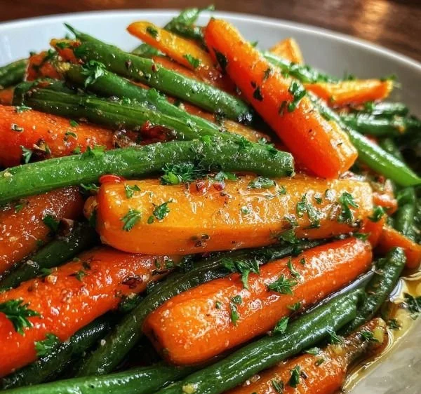 Plate of honey-glazed carrots with green beans, garnished and ready to serve.