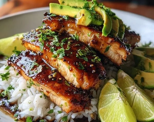 Delicious Honey Lime Chicken Stack served on a plate with fresh herbs.