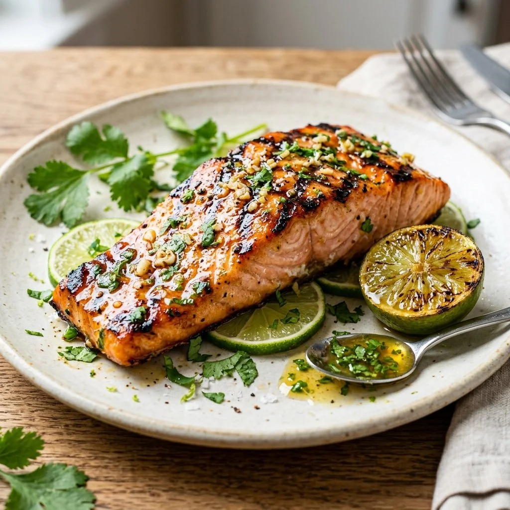 Delicious honey lime grilled salmon served with fresh herbs and lime wedges.