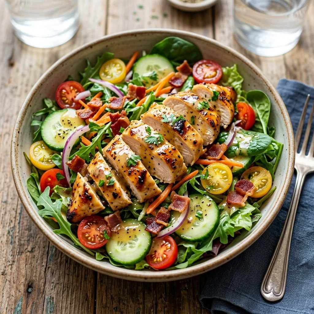 Delicious Honey Mustard Chicken Salad topped with greens and dressing