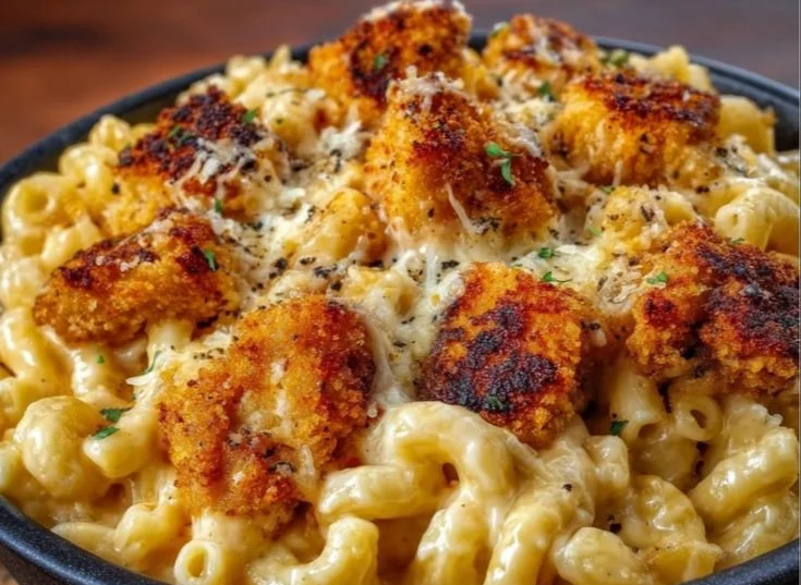 Creamy Honey Pepper Chicken Mac and Cheese dish garnished with herbs