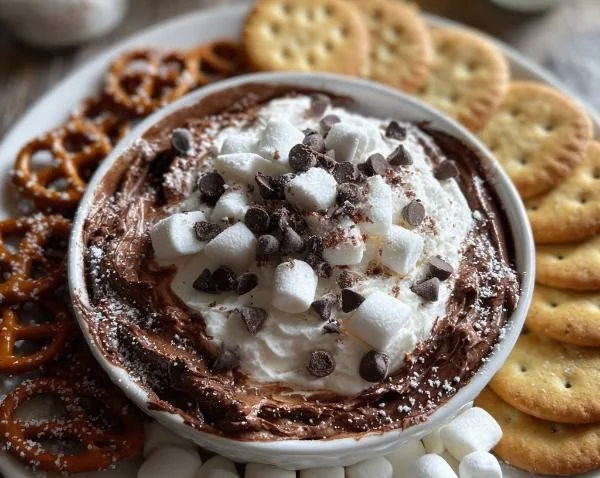 Delicious hot cocoa dip served with marshmallows and cookies for dipping.