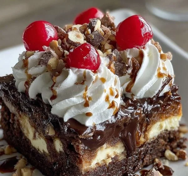Hot Fudge Sundae Brownie Cheesecake dessert with fudge topping and nuts