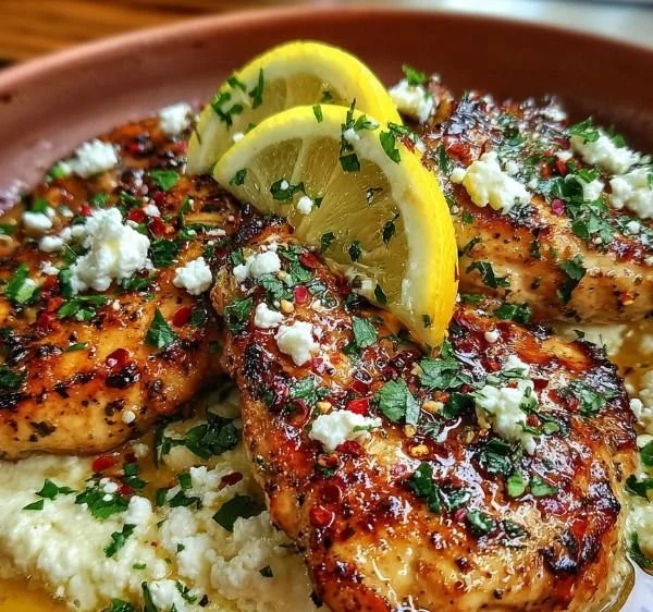 Plate of hot honey infused feta chicken garnished with herbs