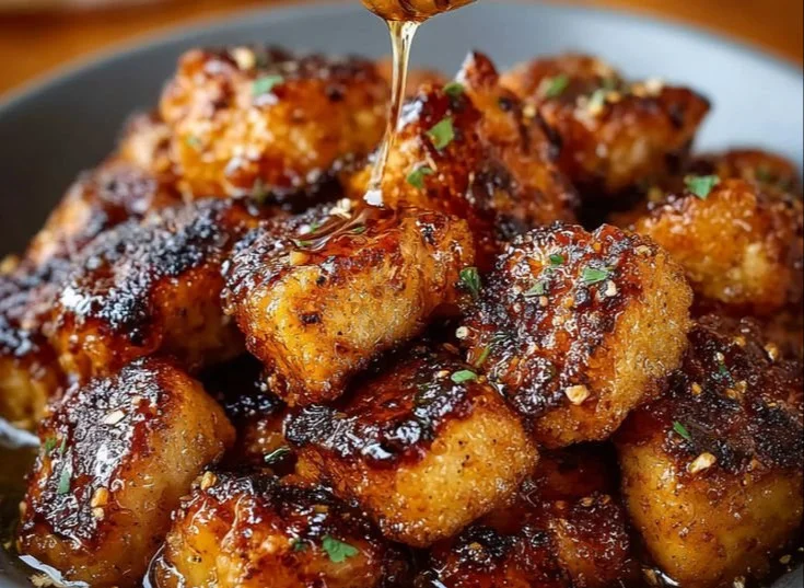 Delicious hot honey salmon bites served on a plate with garnishes.