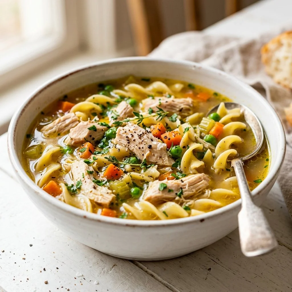 Bowl of homemade chicken noodle soup with vegetables and herbs