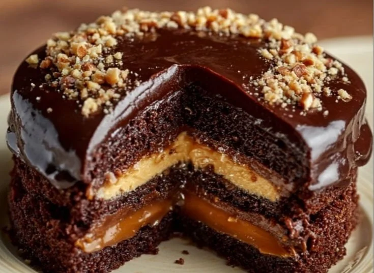 Indulgent caramel cake topped with creamy caramel frosting.