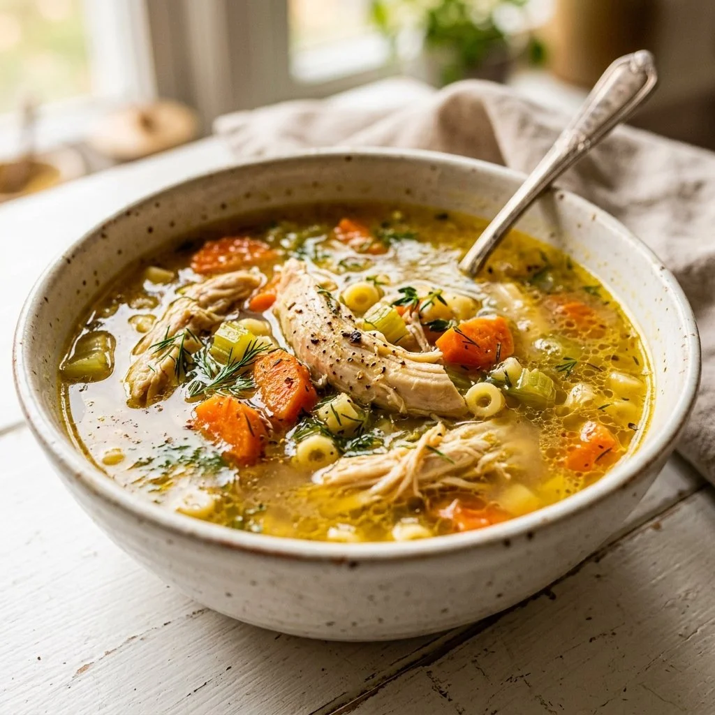 Bowl of delicious Instant Pot chicken soup with fresh herbs and vegetables