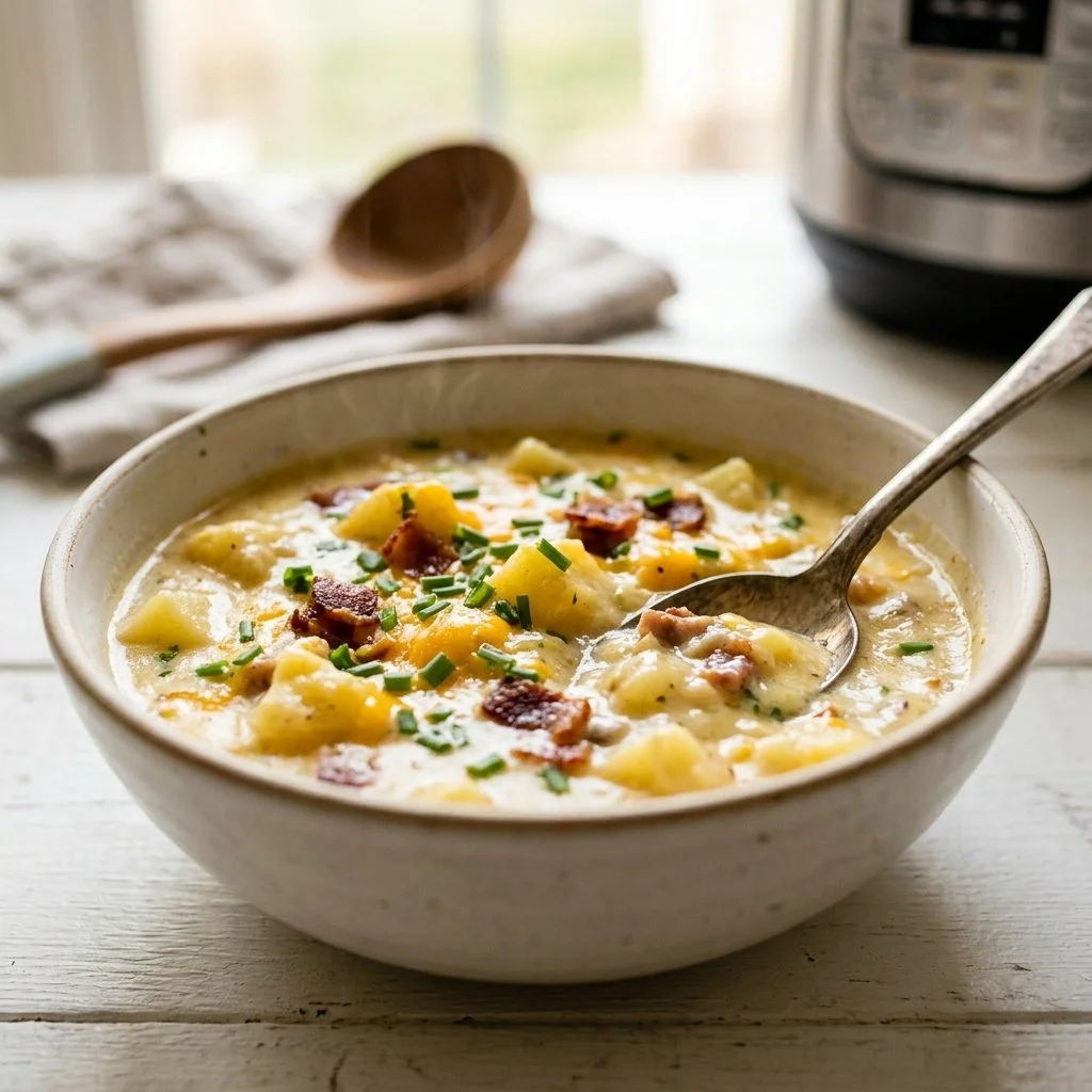 Delicious Instant Pot potato soup with toppings in a bowl