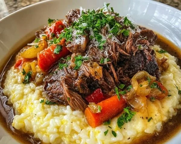 Italian-inspired pot roast served with creamy risotto on a rustic table.