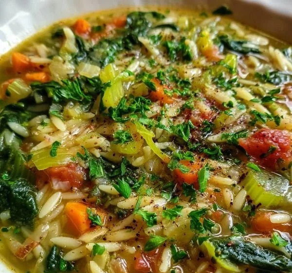 Bowl of Italian Orzo and Spinach Soup garnished with fresh basil