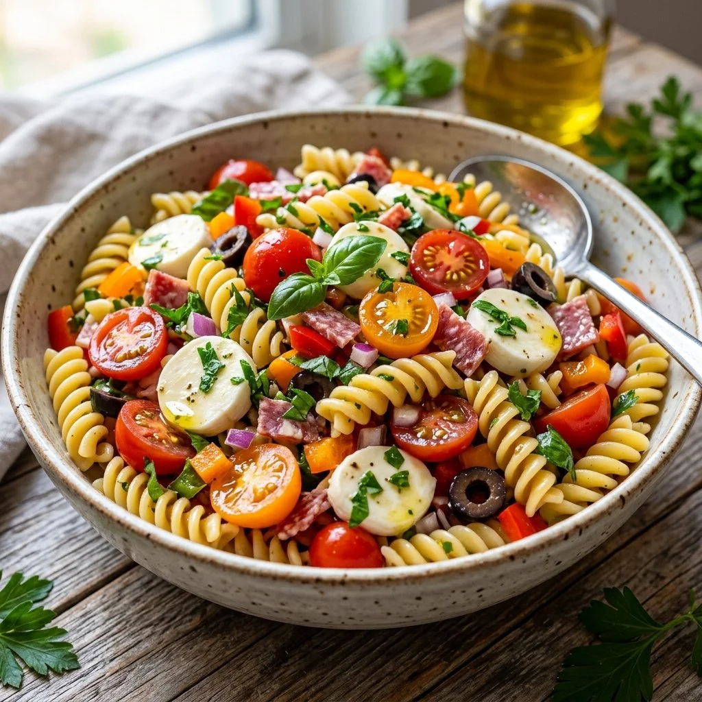 Colorful Italian pasta salad with fresh vegetables and dressing