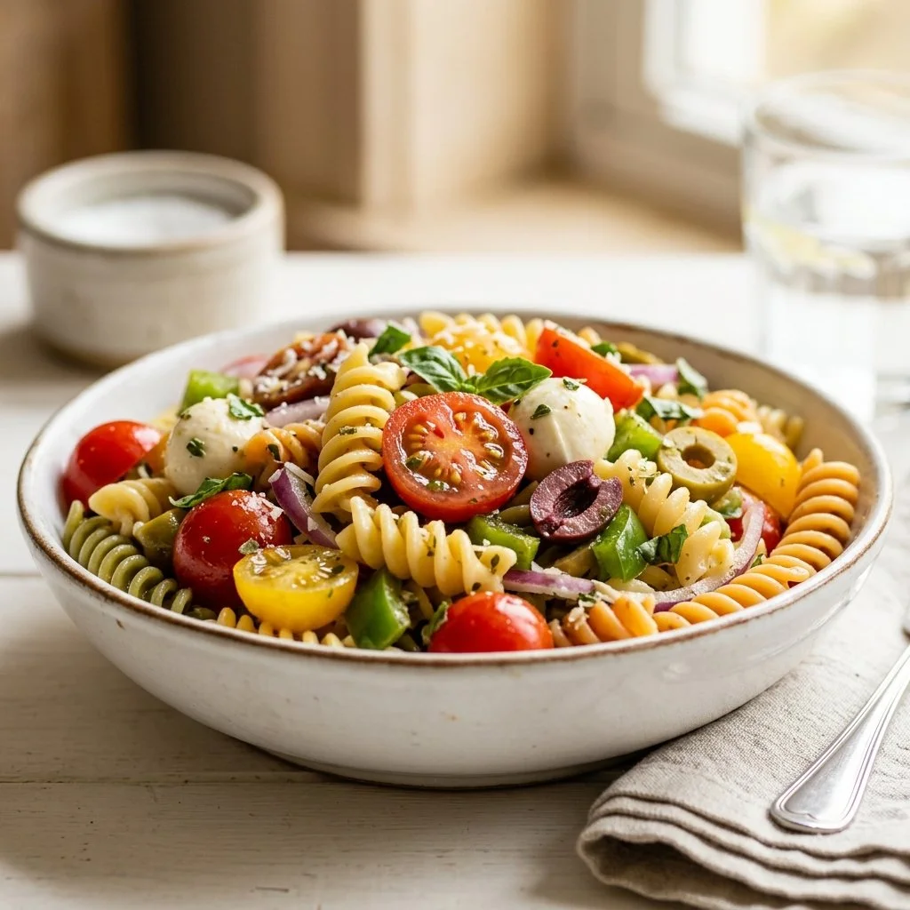 Colorful Italian pasta salad with vegetables and dressing