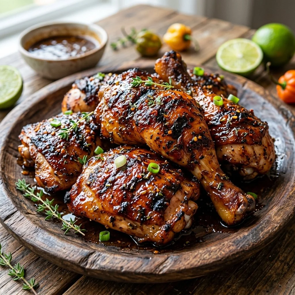 Delicious Jamaican Jerk Chicken served with vibrant sides