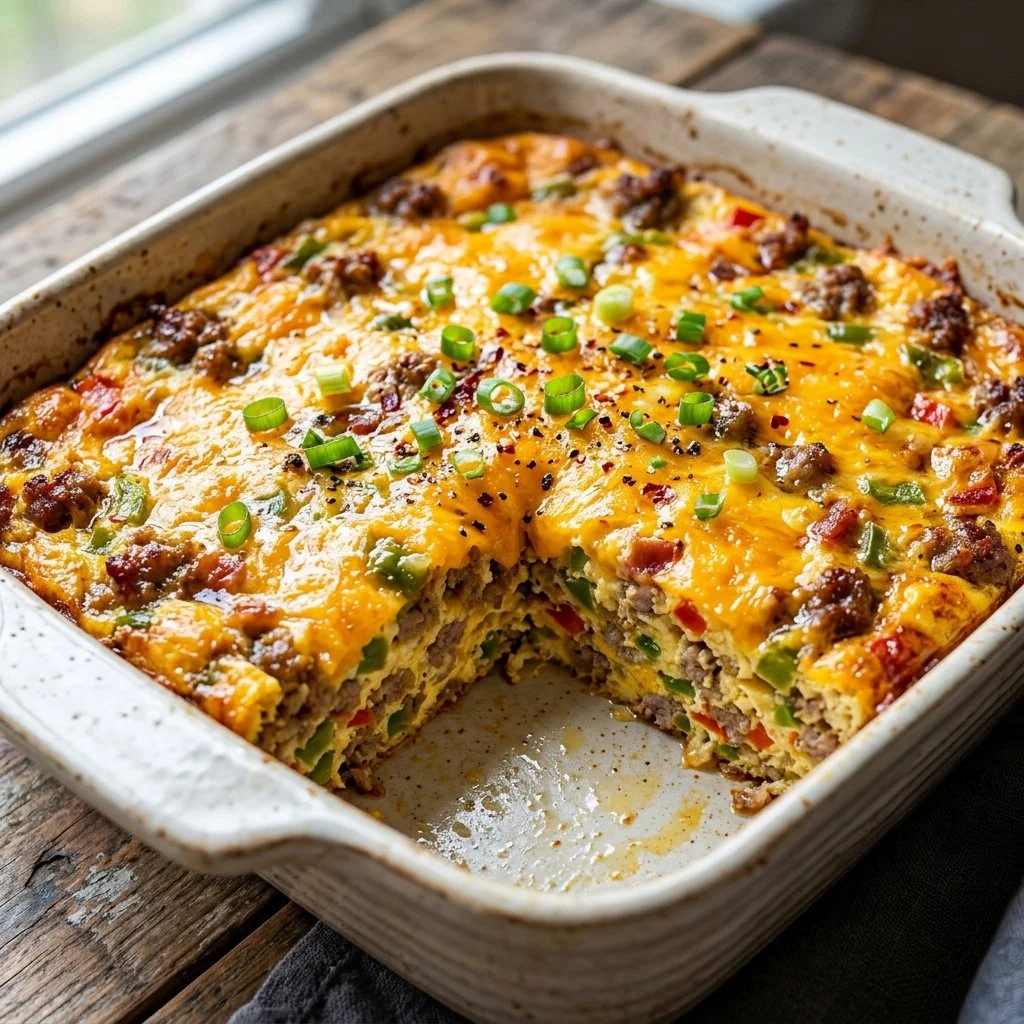 Delicious Keto Breakfast Casserole with eggs, cheese, and veggies