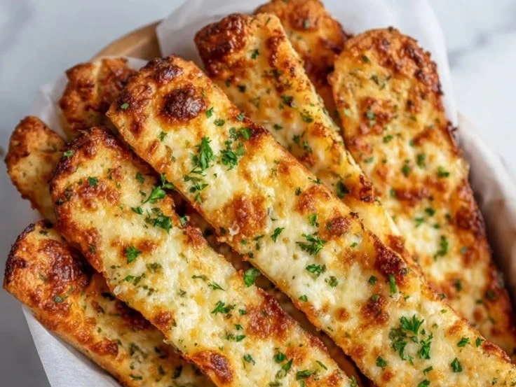 Keto cheesy garlic breadsticks baked to perfection with melted cheese and garlic.