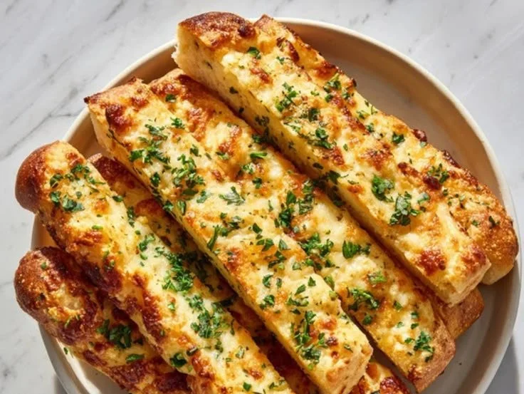 Plate of homemade Keto Garlic Breadsticks with herbs and melted cheese