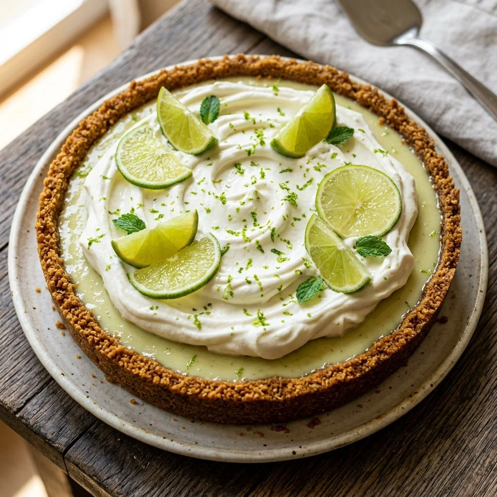 Delicious slice of homemade Key Lime Pie topped with whipped cream