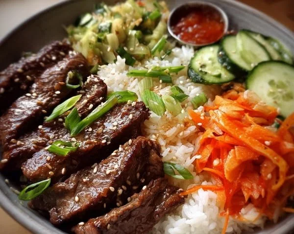 Delicious Korean BBQ steak bowls topped with fresh vegetables and served in a bowl.