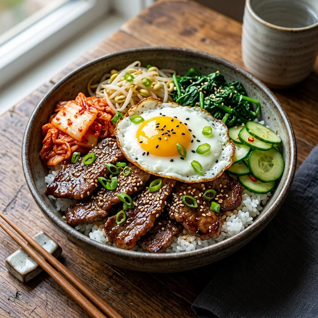 Delicious Korean Beef Bowl with colorful vegetables and rice