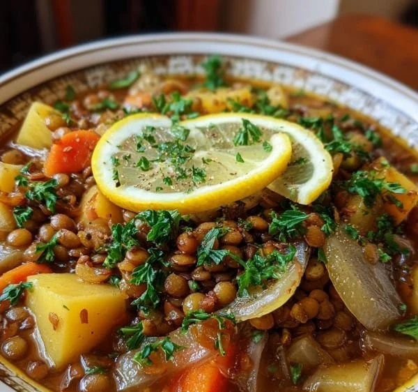 Bowl of Lebanese lentil soup garnished with parsley and lemon.