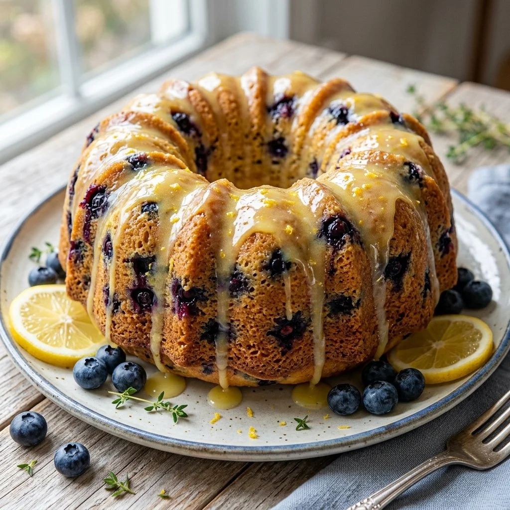 Lemon Blueberry Bundt Cake topped with lemon glaze and fresh blueberries