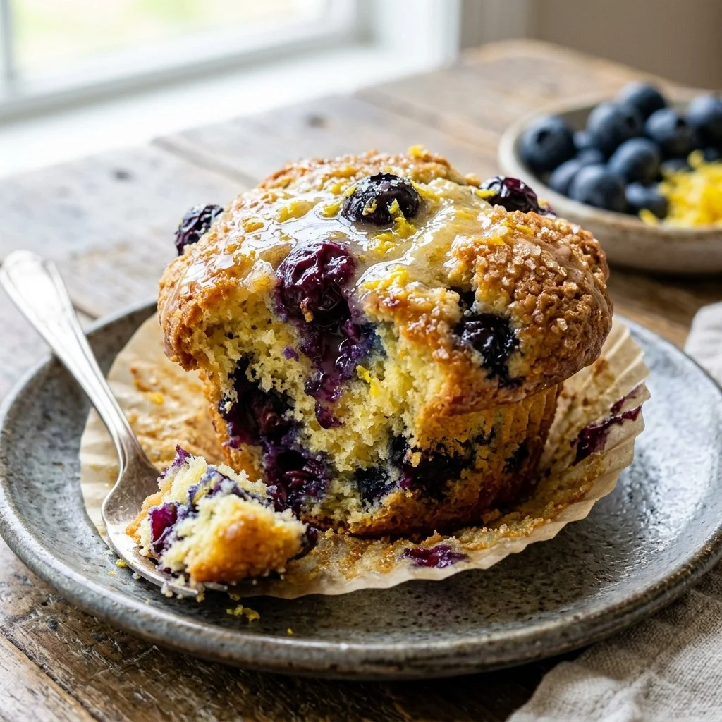 Freshly baked lemon blueberry muffins on a wooden table