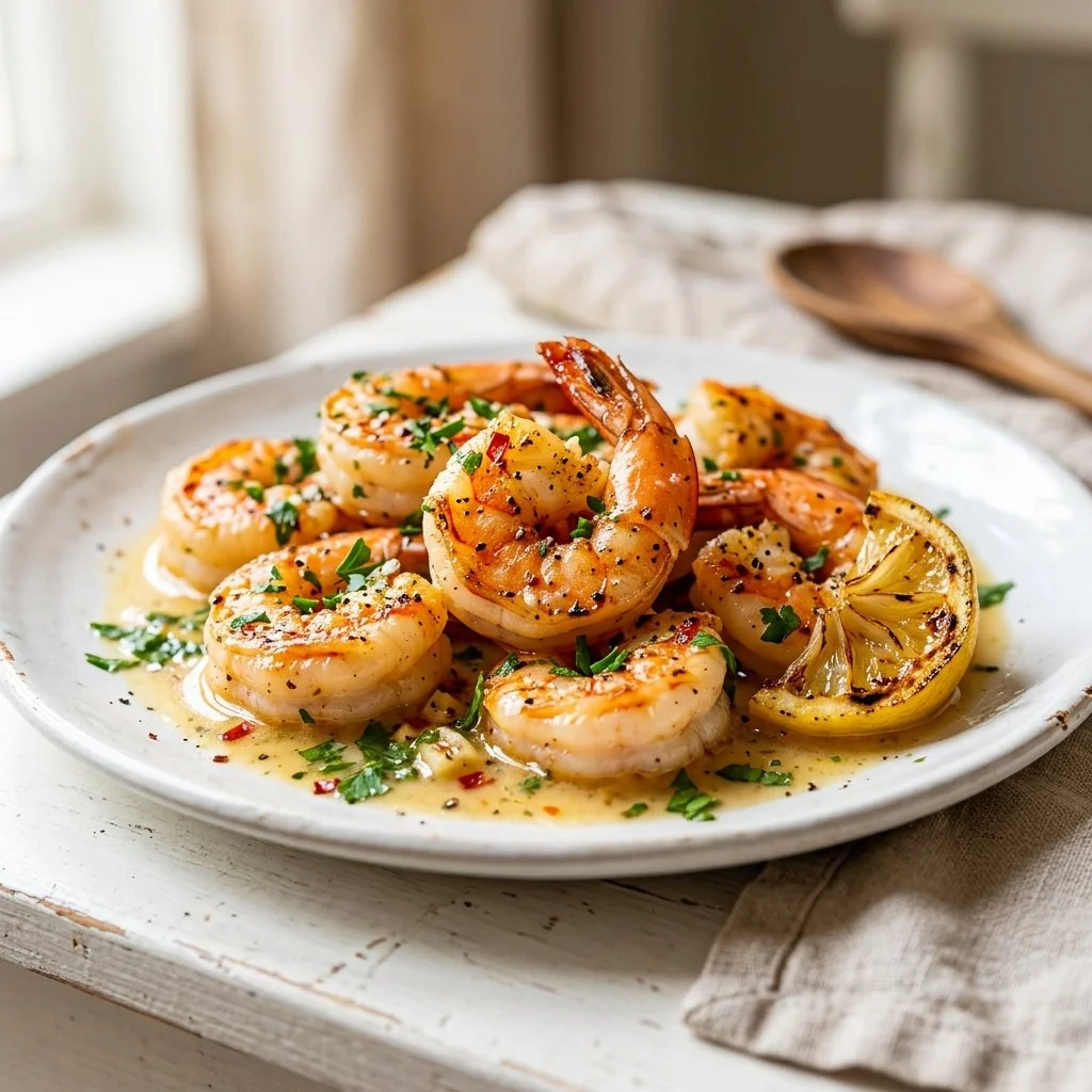 Delicious plate of Lemon Butter Shrimp served with fresh herbs