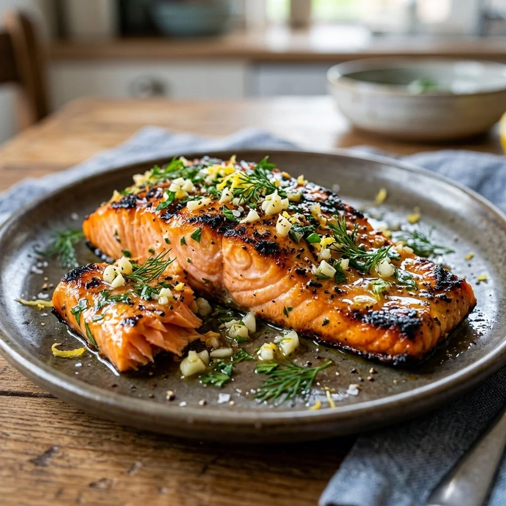 Delicious lemon garlic grilled salmon fillet on a grill plate