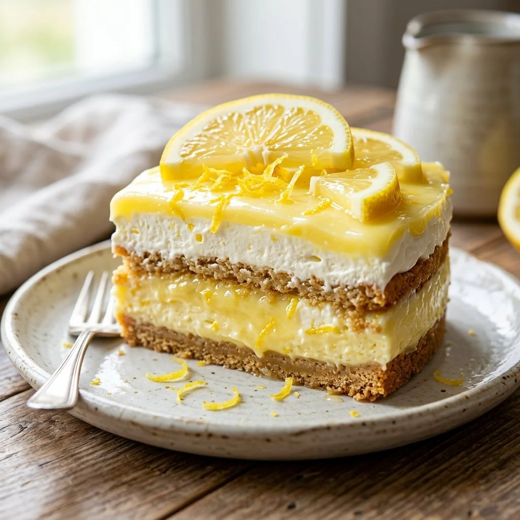 Delicious homemade Lemon Icebox Cake topped with lemon zest and whipped cream