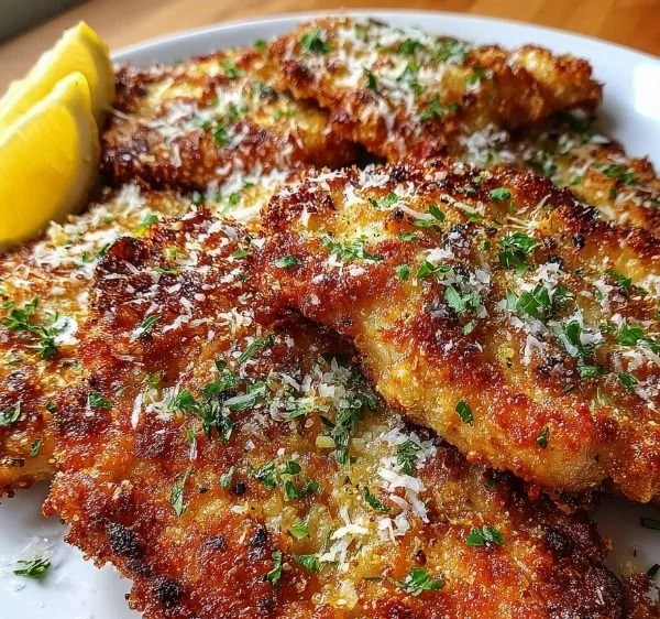 Lemon Pecorino Crispy Chicken served on a plate, showcasing its golden-brown crust.