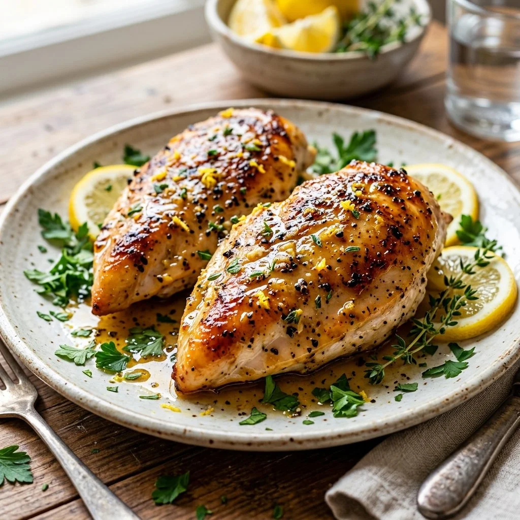 Juicy Lemon Pepper Chicken Breasts garnished with fresh herbs