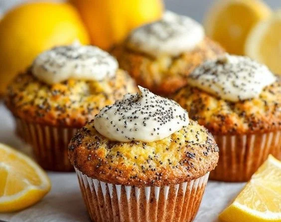 Lemon poppy seed cottage cheese muffins fresh out of the oven