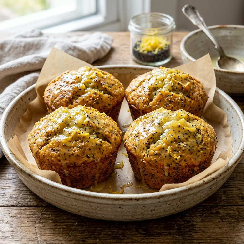 Freshly baked lemon poppy seed muffins on a wooden table